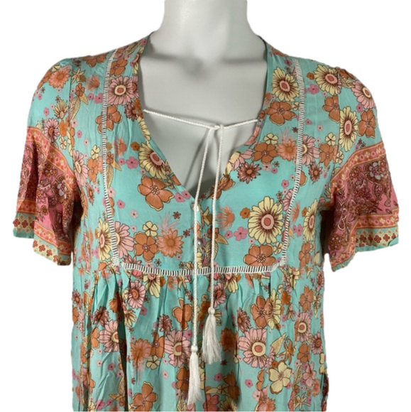 Boho Floral Print Tassel V-Neck Sleeve Smock Mini swim Coverup Dress SKU1101 - Picture 2 of 9